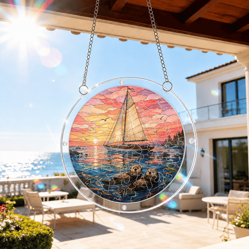 Sea Otter Sailboat Acrylic Puzzle Suncatcher, Ocean Window Decor, Coastal Gift