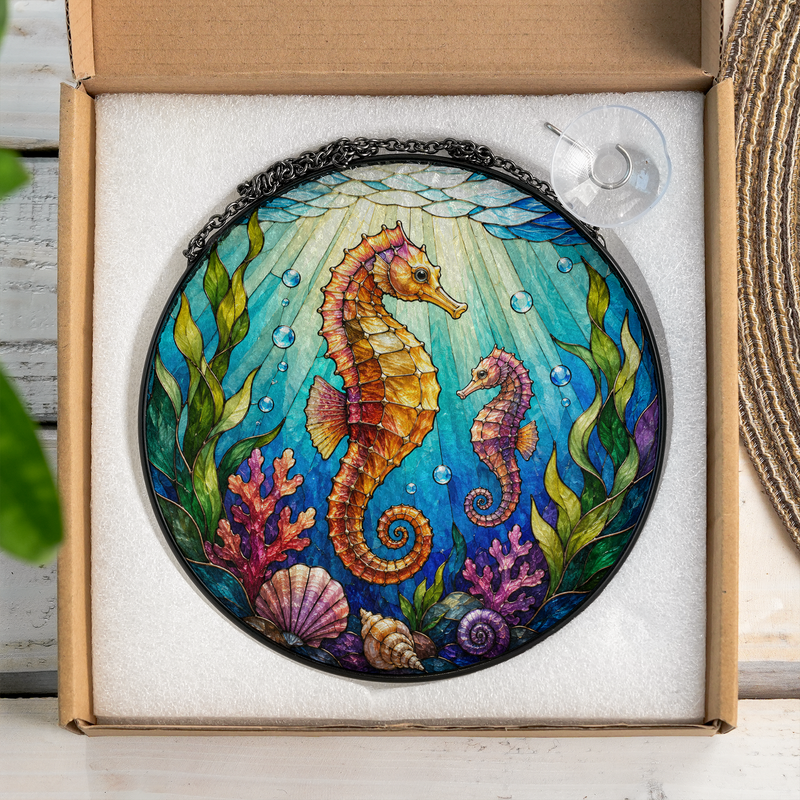 Seahorse Stained Glass Suncatcher, Ocean Window Hanging Decor, Gift for Beach Lovers