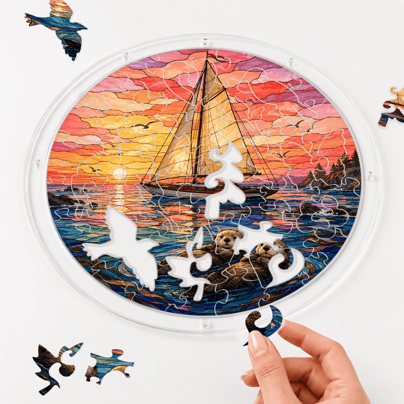 Sea Otter Sailboat Acrylic Puzzle Suncatcher, Ocean Window Decor, Coastal Gift