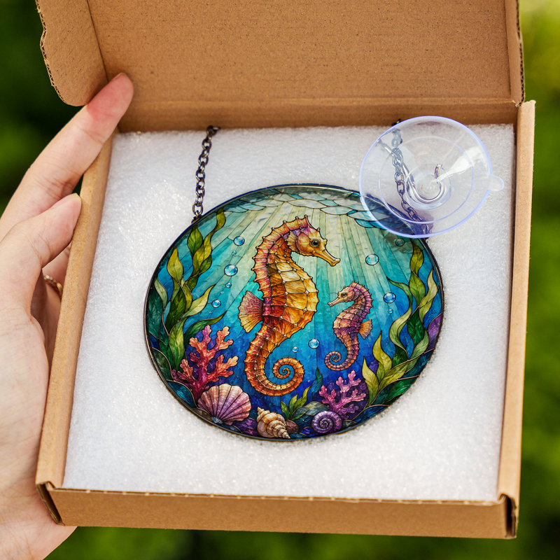 Seahorse Stained Glass Suncatcher, Ocean Window Hanging Decor, Gift for Beach Lovers