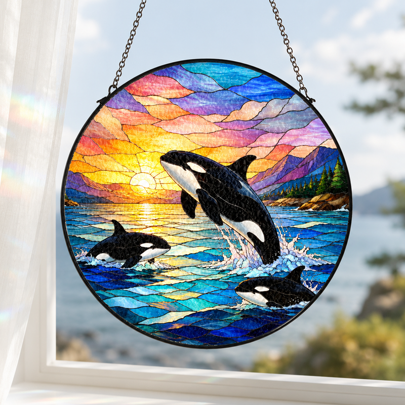 Orca Whale Stained Glass Suncatcher, Window Hanging Decor, Gift for Beach Lovers