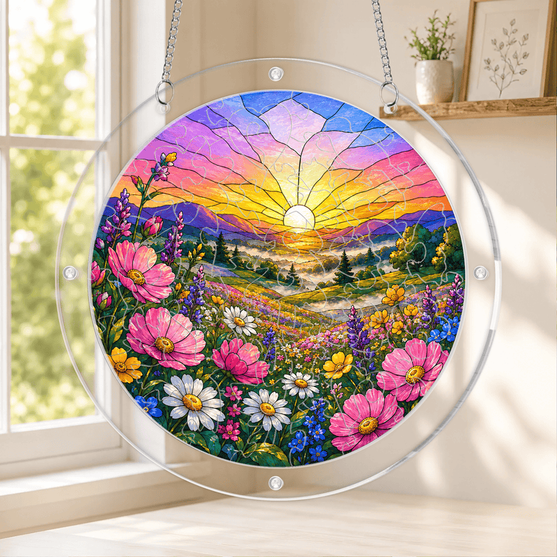 Wildflower Meadow Acrylic Puzzle Suncatcher, Floral Window Hanging Decor, Nature Lover Gift