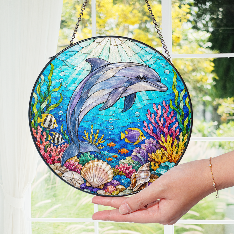Dolphin Stained Glass Suncatcher, Ocean Window Hanging Decor, Gift for Dolphin Lovers