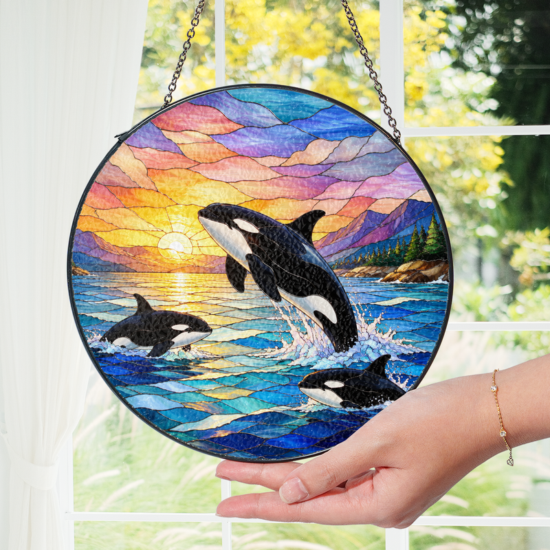 Orca Whale Stained Glass Suncatcher, Window Hanging Decor, Gift for Beach Lovers