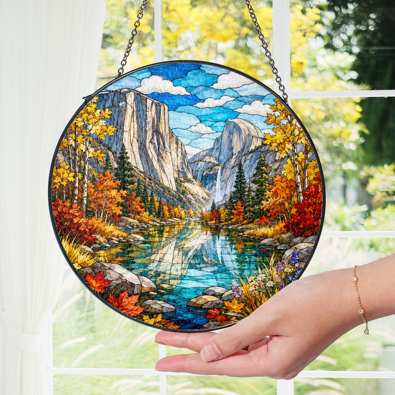 Yosemite National Park Stained Glass Suncatcher, Autumn Window Hanging, Nature Lover Gift