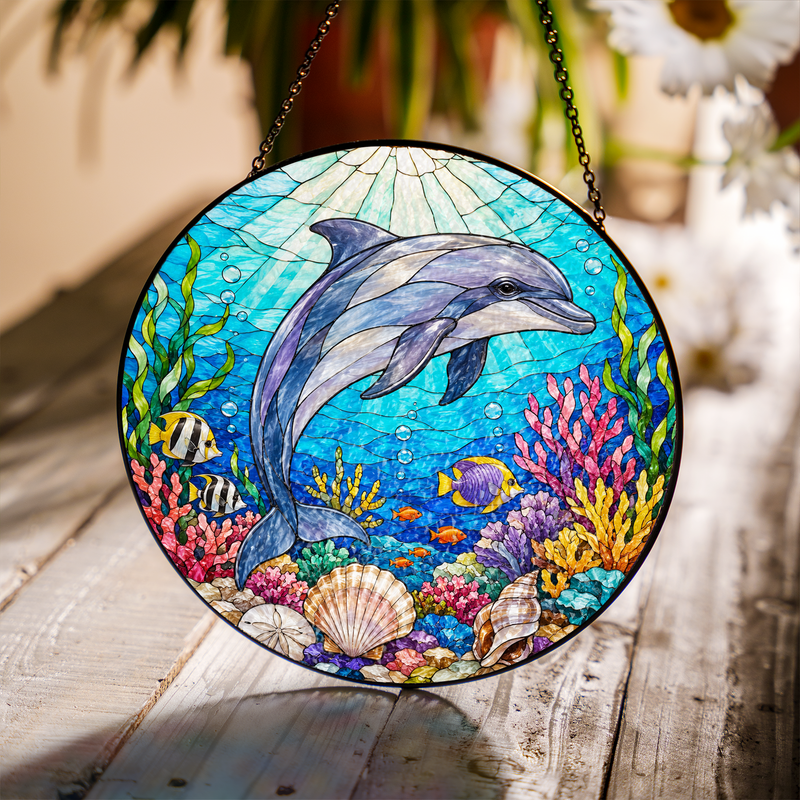 Dolphin Stained Glass Suncatcher, Ocean Window Hanging Decor, Gift for Dolphin Lovers