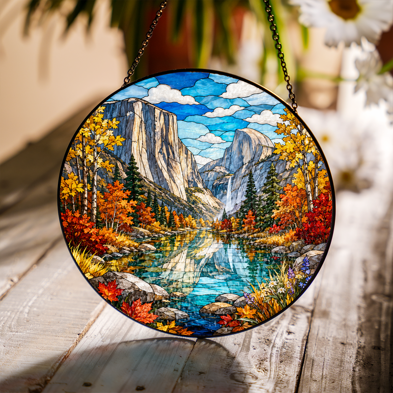 Yosemite National Park Stained Glass Suncatcher, Autumn Window Hanging, Nature Lover Gift