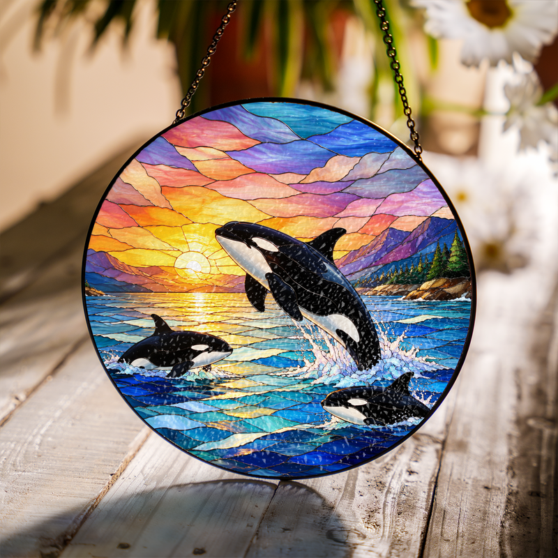 Orca Whale Stained Glass Suncatcher, Window Hanging Decor, Gift for Beach Lovers
