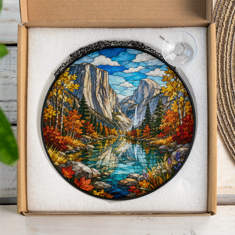 Yosemite National Park Stained Glass Suncatcher, Autumn Window Hanging, Nature Lover Gift