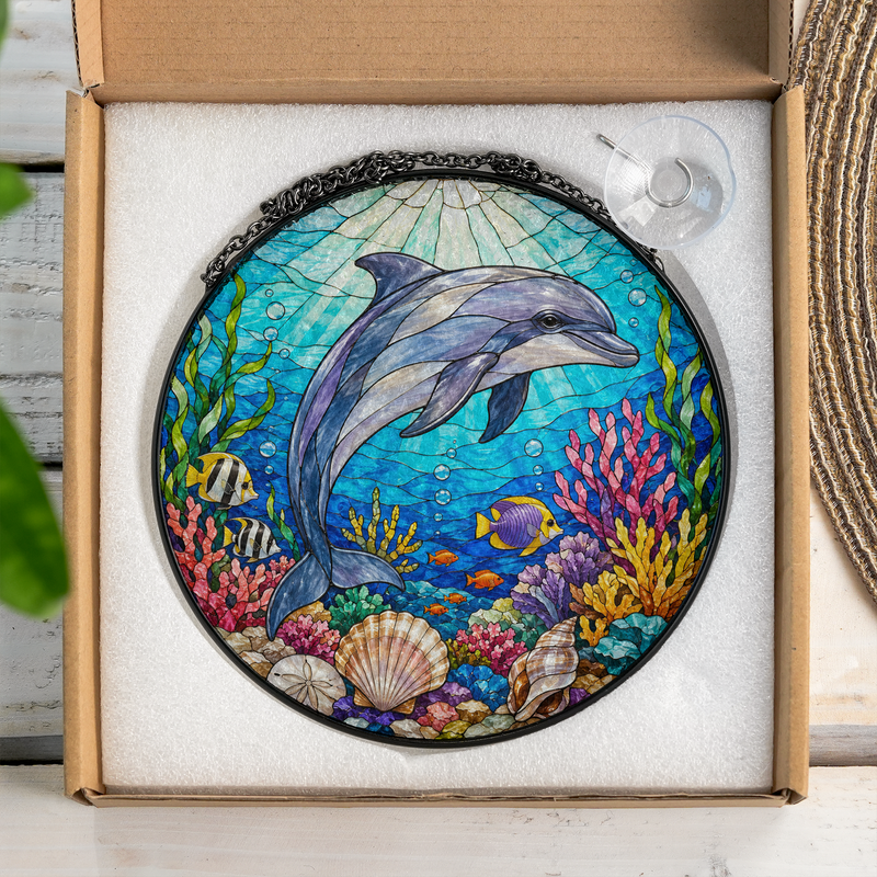 Dolphin Stained Glass Suncatcher, Ocean Window Hanging Decor, Gift for Dolphin Lovers