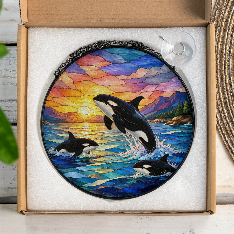 Orca Whale Stained Glass Suncatcher, Window Hanging Decor, Gift for Beach Lovers
