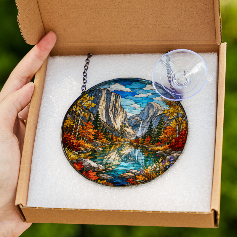 Yosemite National Park Stained Glass Suncatcher, Autumn Window Hanging, Nature Lover Gift