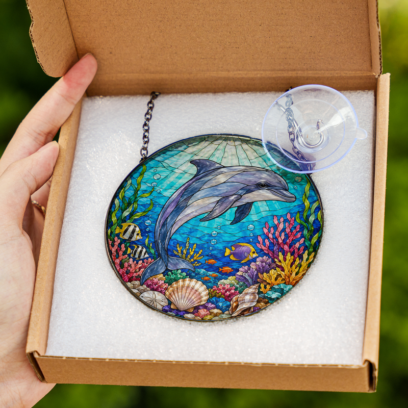 Dolphin Stained Glass Suncatcher, Ocean Window Hanging Decor, Gift for Dolphin Lovers