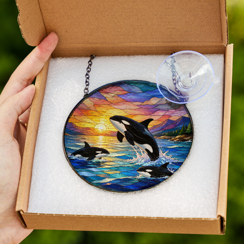 Orca Whale Stained Glass Suncatcher, Window Hanging Decor, Gift for Beach Lovers