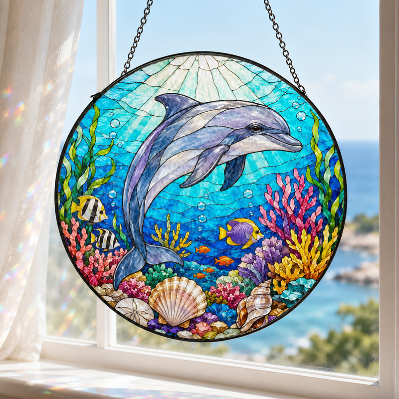 Dolphin Stained Glass Suncatcher, Ocean Window Hanging Decor, Gift for Dolphin Lovers