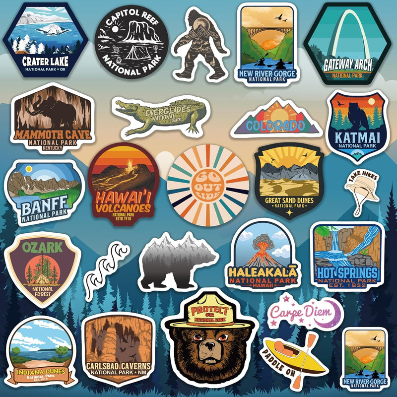 74 Pcs National Park Stickers, Waterproof Vinyl Outdoor Adventure Decals for Water Bottles, Laptops & Cars