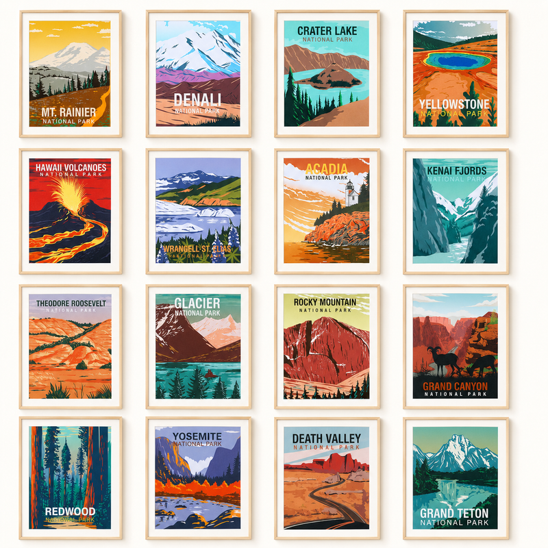16 Pack National Park Posters, Vintage Travel Wall Art Prints, 8x10 Nature Decor