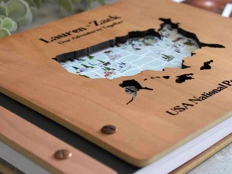 Personalized USA National Parks Adventure Book, Wooden Travel Journal & Photo Album, Gift for Hikers