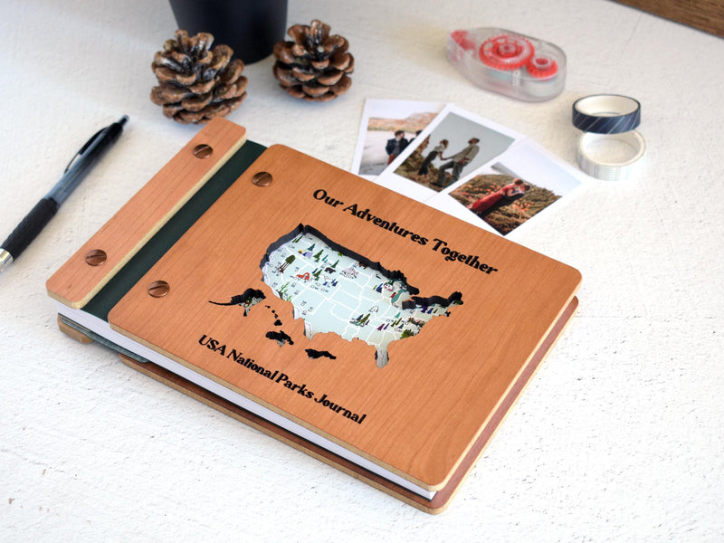 Personalized America National Parks Adventure Book, Wooden Travel Journal & Photo Album, Gift for Hikers